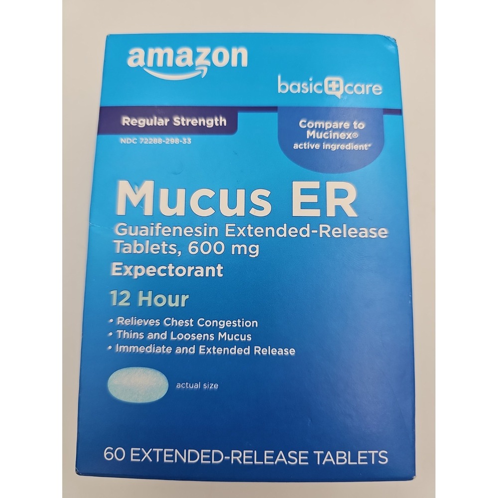 Amazon Basic Care Mucus ER 600mg Guaifenesin 60CT VS Mucinex 12hr Ex 12/26